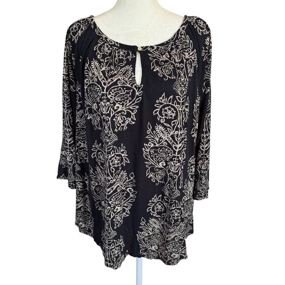Lucky Brand black and tan 3/4 sleeve one button keyhole blouse women's size 2X - Picture 1 of 8